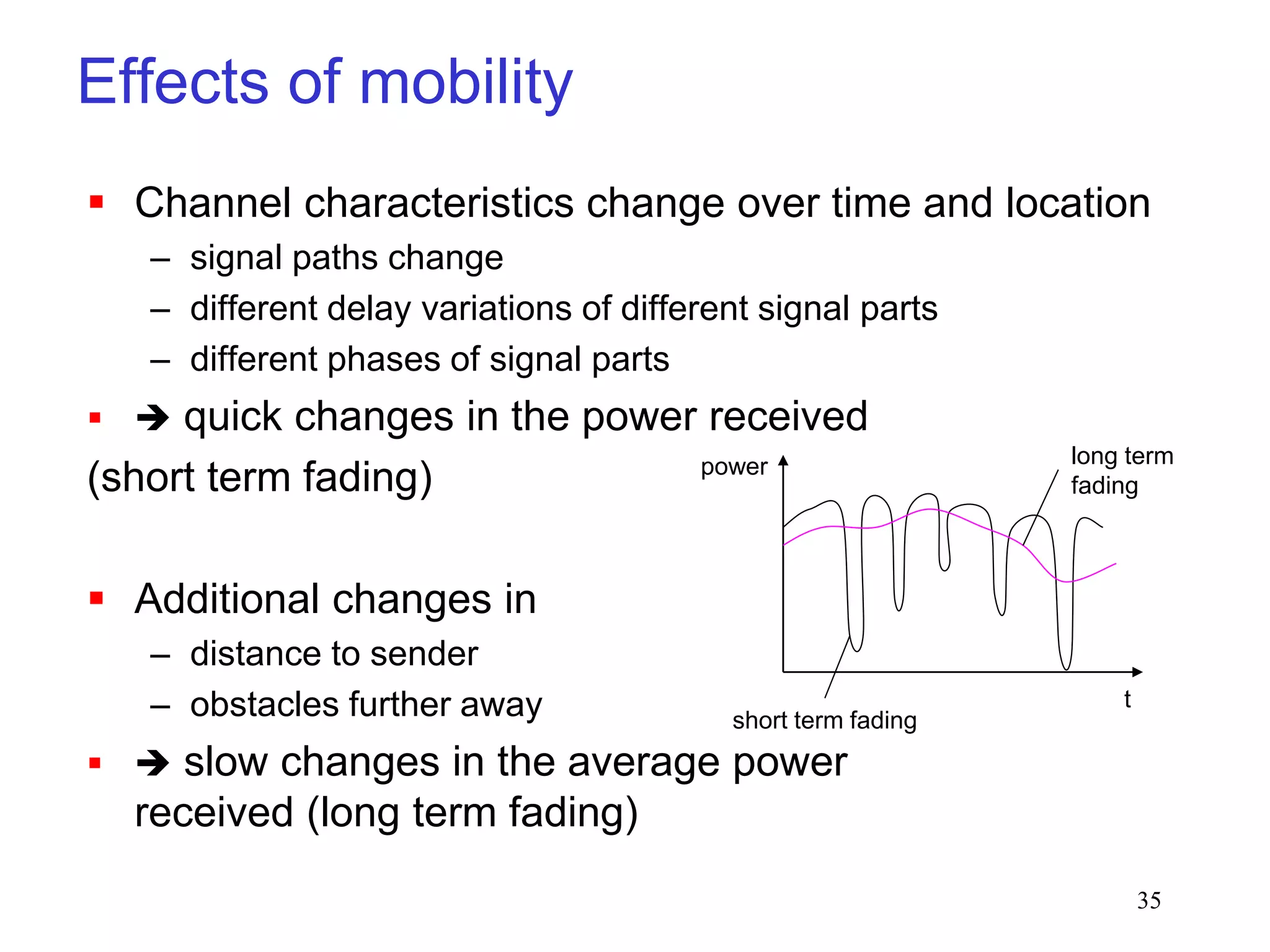 35
Effects of mobility
 Channel characteristics change over time and location
– signal paths change
– different delay variations of different signal parts
– different phases of signal parts
  quick changes in the power received
(short term fading)
 Additional changes in
– distance to sender
– obstacles further away
  slow changes in the average power
received (long term fading)
short term fading
long term
fading
t
power
 