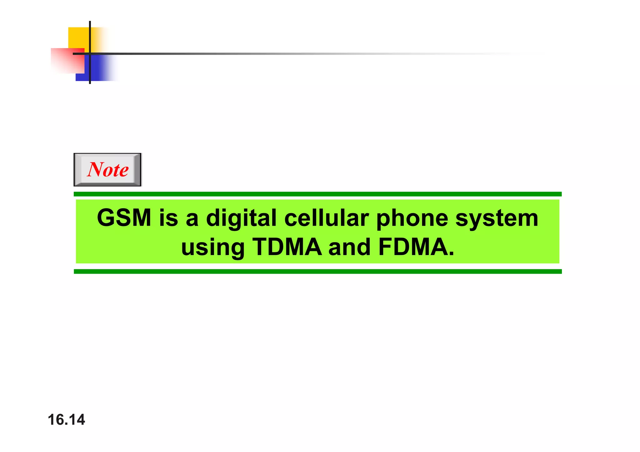 Note
GSM is a digital cellular phone system
Note
GS s a d g ta ce u a p o e syste
using TDMA and FDMA.
16.14
 