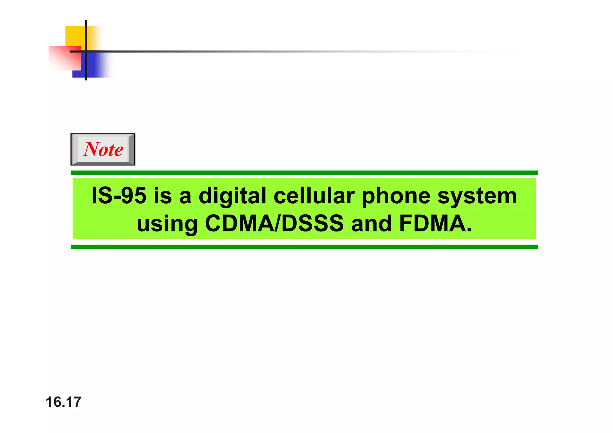 Note
IS-95 is a digital cellular phone system
i CDMA/DSSS d FDMA
using CDMA/DSSS and FDMA.
16.17
 