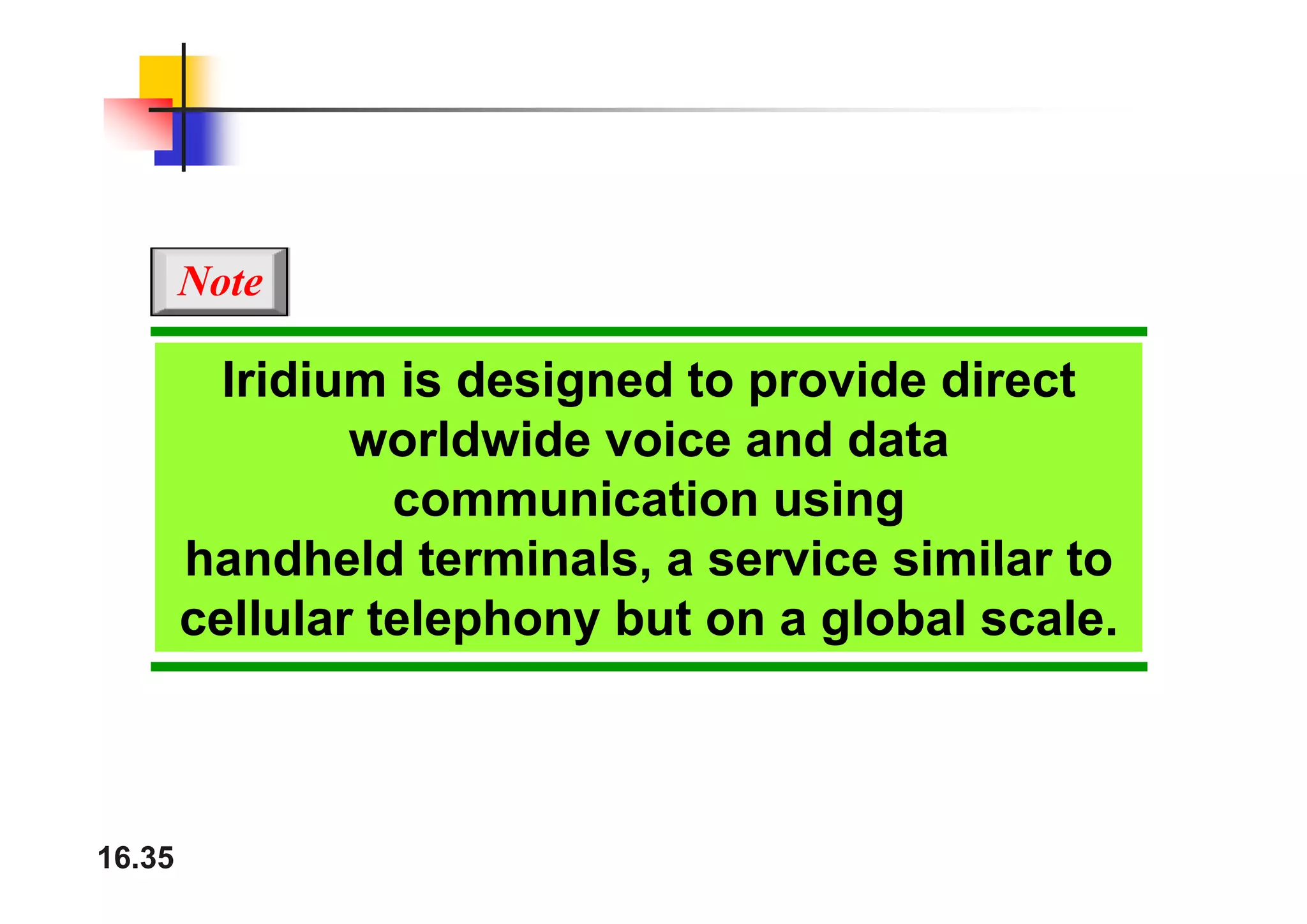 Note
Iridium is designed to provide direct
worldwide voice and data
communication using
handheld terminals a service similar to
handheld terminals, a service similar to
cellular telephony but on a global scale.
16.35
 