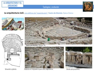 LA ARQUITECTURA Y EL
     URBANISMO
                                                 Tipologías y evolución

La arquitectura civil. Los edificios de “espectáculos”: Teatro de Delfos. Época Clásica
 Teatro de Delfos. SVI-IV aC
 
