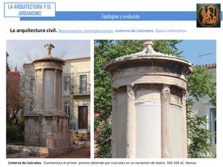 LA ARQUITECTURA Y EL
     URBANISMO
                                                 Tipologías y evolución

La arquitectura civil. Monumentos funerarios. Mausoleo de Halicarnaso.




                            Posibles reconstrucciones y estado actual (abajo derecha)



                                                Monumento funerario
                                                 del rey Mausolo de
                                                        Lidia.
                                                Halicarnaso (Turquía)
                                                       350 aC
 