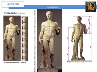 LA ESCULTURA
                                                                                                                                   Época Clásica




                                    Policleto. Doríforo o “el canon”. Copia en mármol de un original en bronce perdido. (450 aC)
Estilo clásico       Policleto




El canon policlético de 7 cabezas                                                                                                                  Proporcion áurea aplicada al Doríforo
 