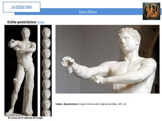 LA ESCULTURA
                                                      Época Clásica

Estilo postclásico Lisipo




                                  Lisipo. Apoxiomeno. Copia romana del original perdido. 325. aC




El canon de 8 cabezas de Lisipo
 