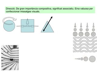 Direcció. De gran importància compositiva, significat associatiu. Eina valuosa per confeccionar missatges visuals.  