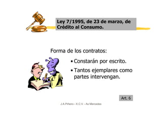 Ley 7/1995, de 23 de marzo, de
  Crédito al Consumo.




Forma de los contratos:
            • Constarán por escrito.
            • Tantos ejemplares como
              partes intervengan.


                                         Art. 6
    J.A.Piñeiro - X.C.V. - As Mercedes
 