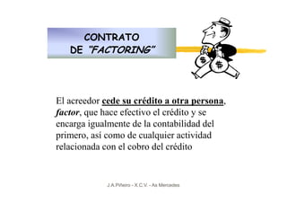 CONTRATO
   DE “FACTORING”




El acreedor cede su crédito a otra persona,
factor, que hace efectivo el crédito y se
encarga igualmente de la contabilidad del
primero, así como de cualquier actividad
relacionada con el cobro del crédito


            J.A.Piñeiro - X.C.V. - As Mercedes
 