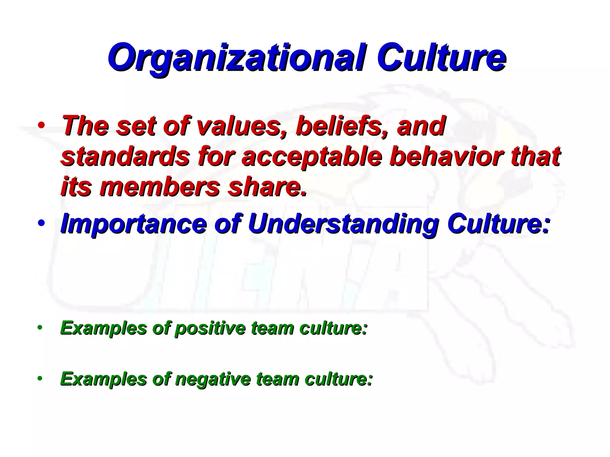 Organizational Culture The set of values, beliefs, and standards for acceptable behavior that its members share. Importance of Understanding Culture: Examples of positive team culture: Examples of negative team culture: 