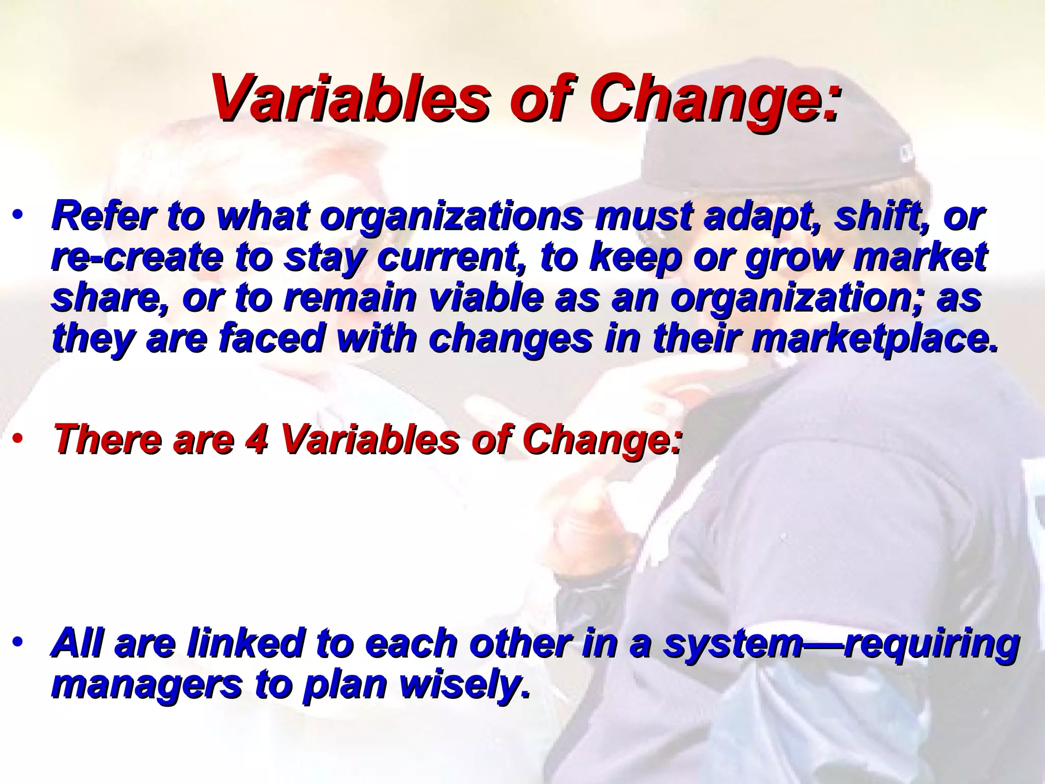 Variables of Change: Refer to what organizations must adapt, shift, or re-create to stay current, to keep or grow market share, or to remain viable as an organization; as they are faced with changes in their marketplace.  There are 4 Variables of Change: All are linked to each other in a system—requiring managers to plan wisely.  