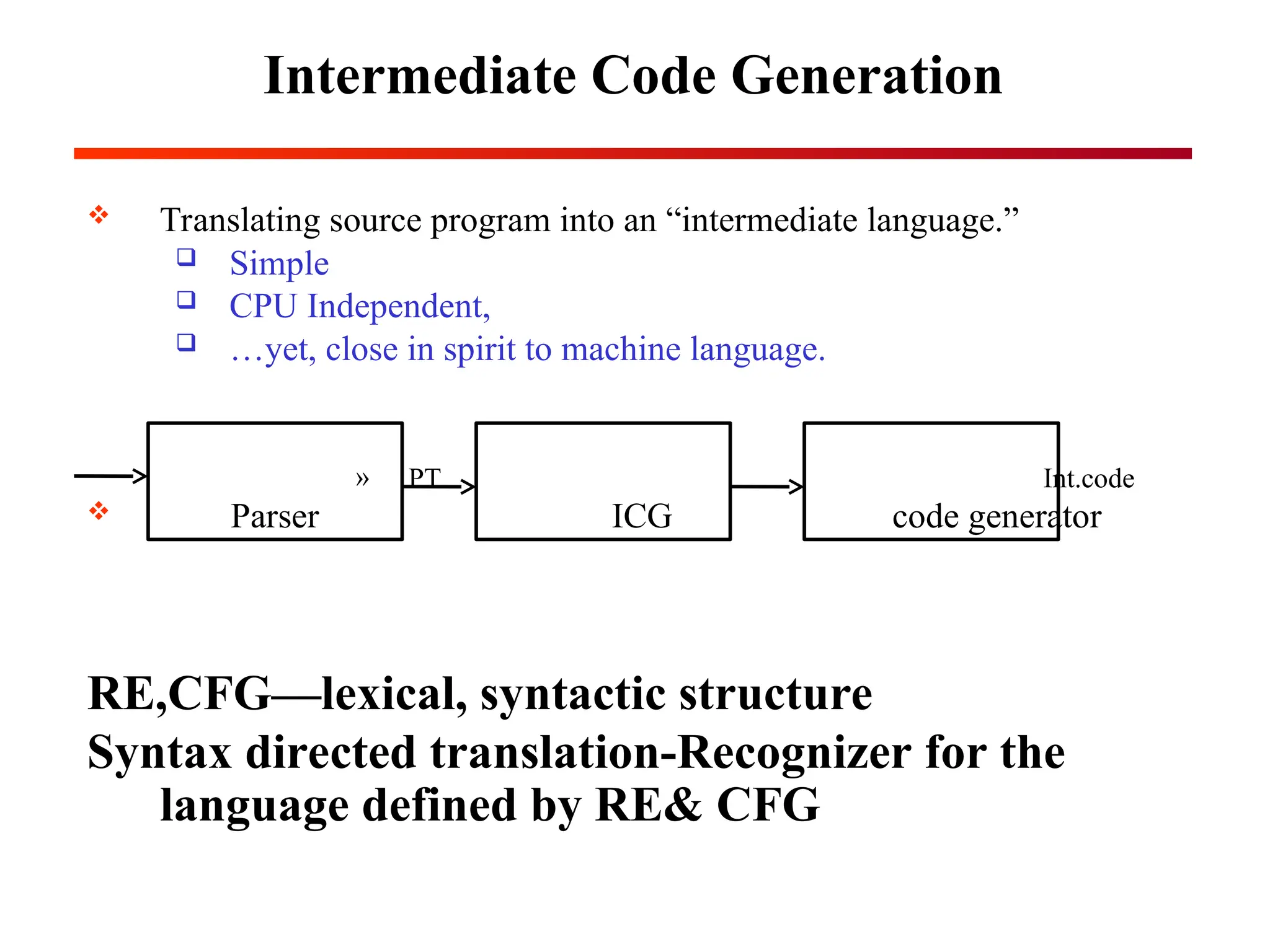 Intermediate Code Generation
 Translating source program into an “intermediate language.”
 Simple
 CPU Independent,
 …yet, close in spirit to machine language.
» PT Int.code
 Parser ICG code generator
RE,CFG—lexical, syntactic structure
Syntax directed translation-Recognizer for the
language defined by RE& CFG
 