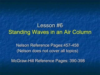Lesson #6Lesson #6
Standing Waves in an Air Column
Nelson Reference Pages:457-458Nelson Reference Pages:457-458
(Nelson does not cover all topics)(Nelson does not cover all topics)
McGraw-Hill Reference Pages: 390-398McGraw-Hill Reference Pages: 390-398
 