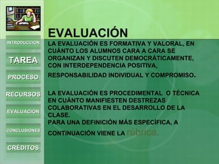 EVALUACIÓN LA EVALUACIÓN ES FORMATIVA Y VALORAL, EN CUÁNTO LOS ALUMNOS CARA A CARA SE ORGANIZAN Y DISCUTEN DEMOCRÁTICAMENTE, CON INTERDEPENDENCIA POSITIVA, RESPONSABILIDAD INDIVIDUAL Y COMPROMISO . LA EVALUACIÓN ES PROCEDIMENTAL  O TÉCNICA EN CUÁNTO MANIFIESTEN DESTREZAS COLABORATIVAS EN EL DESARROLLO DE LA CLASE.  PARA UNA DEFINICIÓN MÁS ESPECÍFICA, A CONTINUACIÓN VIENE LA  rúbrica. INTRODUCCIÓN TAREA PROCESO RECURSOS EVALUACIÓN CONCLUSIONES CRÉDITOS 
