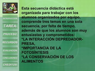 Esta secuencia didáctica está organizada para trabajar con los alumnos organizados por equipo, comprende tres temas en una sola secuencia, por falta de tiempo, además de que los alumnos son muy entusiastas y comprometidos: *LA INTERACCIÓN DEPREDADOR-PRESA, *IMPORTANCIA DE LA FOTOSÍNTESIS *LA CONSERVACIÓN DE LOS ALIMENTOS INTRODUCCIÓN TAREA PROCESO RECURSOS EVALUACIÓN CONCLUSIONES CRÉDITOS 