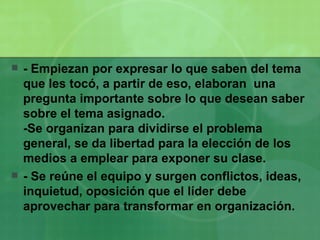 - Empiezan por expresar lo que saben del tema que les tocó, a partir de eso, elaboran  una pregunta importante sobre lo que desean saber sobre el tema asignado. -Se organizan para dividirse el problema general,   se da libertad para la elección de los medios a emplear para exponer su clase. - Se reúne el equipo y surgen conflictos, ideas, inquietud, oposición que el líder debe aprovechar para transformar en organización.  