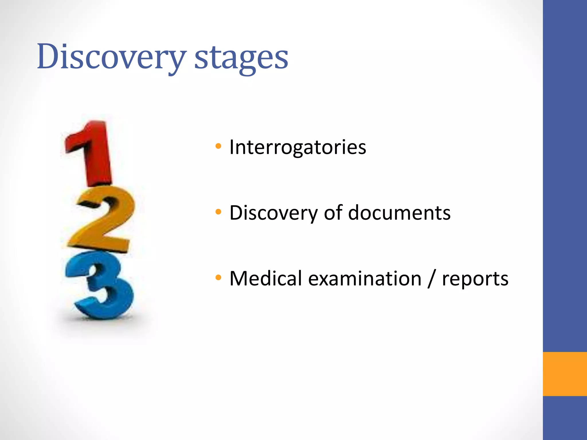 Discovery stages
• Interrogatories
• Discovery of documents
• Medical examination / reports
 