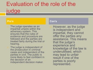 Evaluation of the role of the
judge
 The judge operates as an
impartial umpire within the
adversary system. This
ensures that the rules of
evidence and procedure are
followed and the parties are
treated fairly during the trial or
hearing.
 The judge is independent of
the prosecution in criminal
cases and independent of the
parties in civil. The public is
more likely to feel confident in
the decision of an
independent decision maker.
 However, as the judge
is independent and
impartial, they cannot
offer the parties any
assistance. This means
that the judge’s
experience and
knowledge of the law is
underutilised, which
may lead to unfair
result if one of the
parties is poorly
represented.
Pro’s Con’s
 