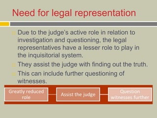 Need for legal representation
 Due to the judge’s active role in relation to
investigation and questioning, the legal
representatives have a lesser role to play in
the inquisitorial system.
 They assist the judge with finding out the truth.
 This can include further questioning of
witnesses.
 
