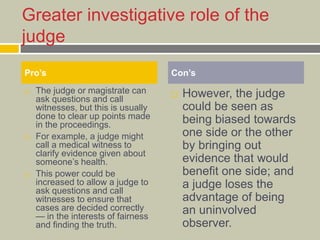 Greater investigative role of the
judge
 The judge or magistrate can
ask questions and call
witnesses, but this is usually
done to clear up points made
in the proceedings.
 For example, a judge might
call a medical witness to
clarify evidence given about
someone’s health.
 This power could be
increased to allow a judge to
ask questions and call
witnesses to ensure that
cases are decided correctly
— in the interests of fairness
and finding the truth.
 However, the judge
could be seen as
being biased towards
one side or the other
by bringing out
evidence that would
benefit one side; and
a judge loses the
advantage of being
an uninvolved
observer.
Pro’s Con’s
 
