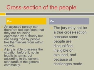 Cross-section of the people
 An accused person can
therefore feel confident that
they are not being
oppressed by authority but
are being tried by people
like themselves from within
society.
 A jury is able to assess the
situation before it, not in
legalistic terms, but
according to the current
standards of the general
community.
 The jury may not be
a true cross-section
because some
people are
disqualified,
ineligible or
excused, and
because of
challenges made.
Pro Con
 