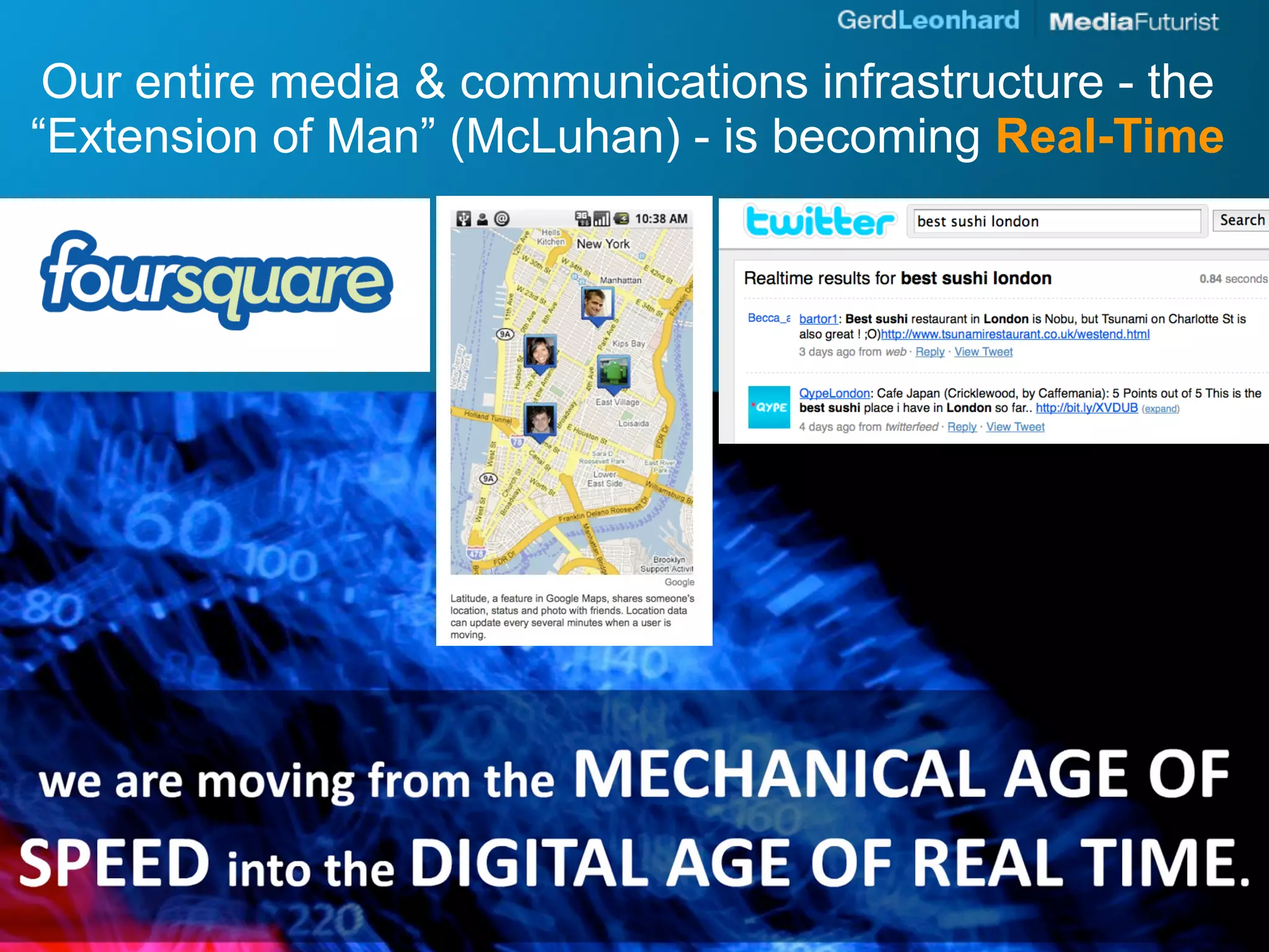 Our entire media & communications infrastructure - the
“Extension of Man” (McLuhan) - is becoming Real-Time
 