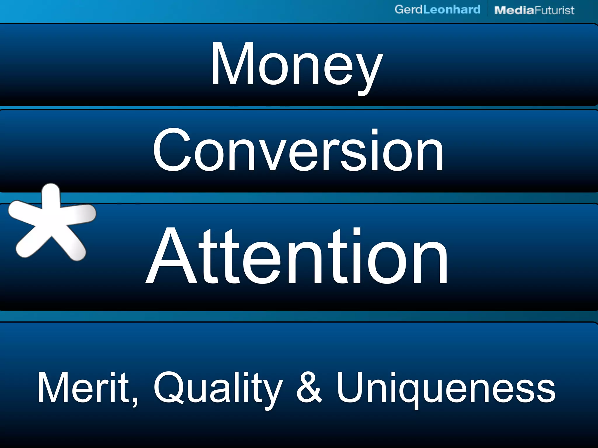 Money
     Conversion
     Attention
Merit, Quality & Uniqueness
 