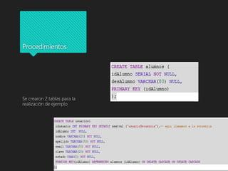 Procedimientos
Se crearon 2 tablas para la
realización de ejemplo
 