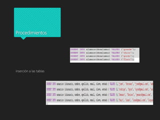 Procedimientos
inserción a las tablas
 