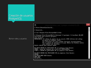 Creación de usuarios
PostgreSQL
Borrar roles y usuarios
 