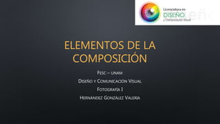 ELEMENTOS DE LA
COMPOSICIÓN
FESC – UNAM
DISEÑO Y COMUNICACIÓN VISUAL
FOTOGRAFÍA I
HERNÁNDEZ GONZÁLEZ VALERIA
 