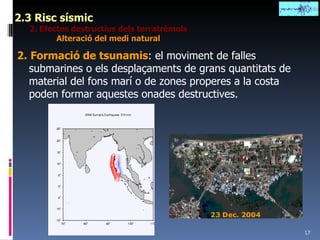 2.3 Risc sísmic 2. Efectes destructius dels terratrèmols Alteració del medi natural 2.   Formació de tsunamis : el moviment de falles submarines o els desplaçaments de grans quantitats de material del fons marí o de zones properes a la costa poden formar aquestes onades destructives. 