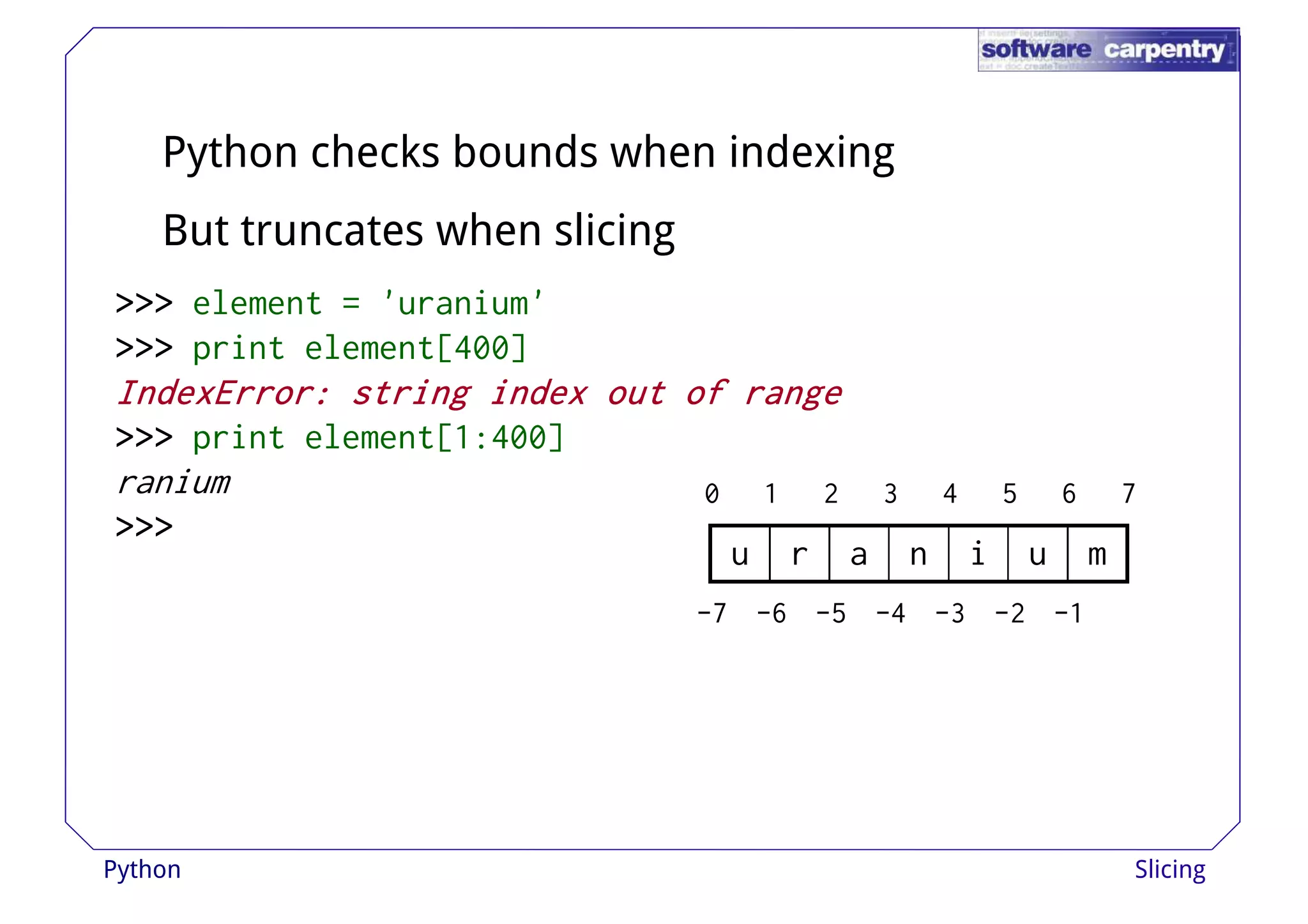 Python checks bounds when indexing 
But truncates when slicing 
>>>>>>>>>>>>>>>>>>>>>>>> eelleemmeenntt == ''uurraanniiuumm'' 
>>>>>>>>>>>> print element[400] 
IIIInnnnddddeeeexxxxEEEErrrrrrrroooorrrr:::: ssssttttrrrriiiinnnngggg iiiinnnnddddeeeexxxx oooouuuutttt ooooffff rrrraaaannnnggggeeee 
>>>>>>>>>>>> print element[1:400] 
ranium 
>>>>>>>>>>>> 
0 1 2 3 4 5 6 7 
u r a n i u m 
-7 -6 -5 -4 -3 -2 -1 
Python Slicing 
 