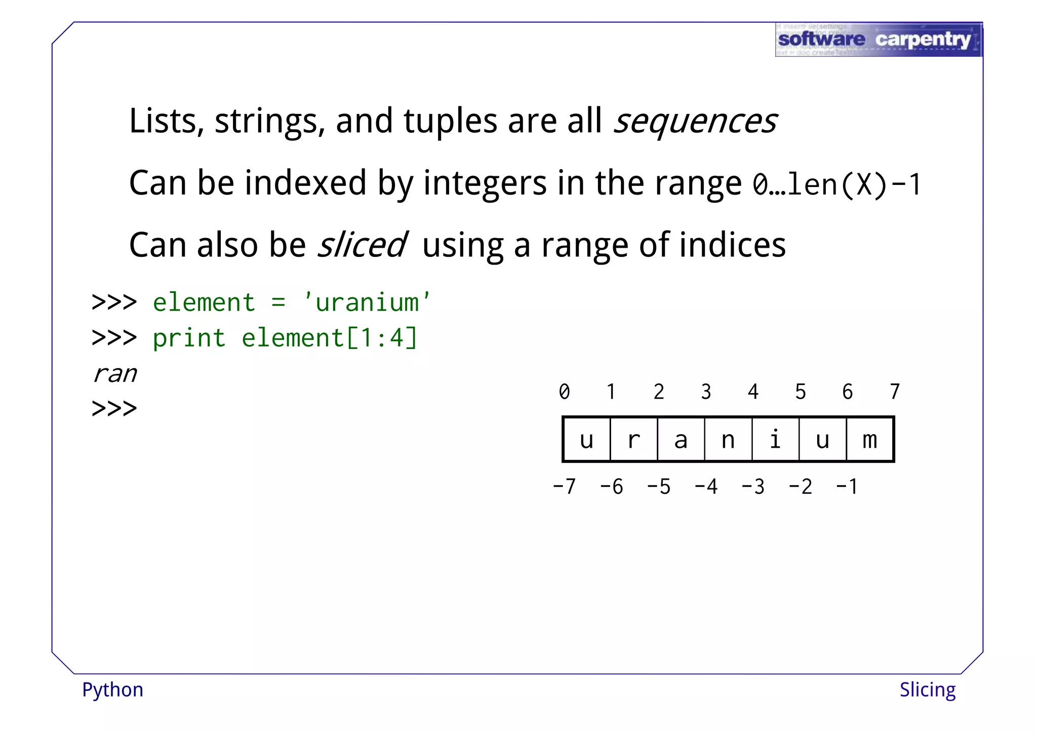 Lists, strings, and tuples are all sequences 
Can be indexed by integers in the range 0…len(X)-1 
Can also be sliced using aa rraannggee ooff iinnddiicceess 
>>>>>>>>>>>> element = 'uranium' 
>>>>>>>>>>>> print element[1:4] 
ran 
>>>>>>>>>>>> 
0 1 2 3 4 5 6 7 
u r a n i u m 
-7 -6 -5 -4 -3 -2 -1 
Python Slicing 
 