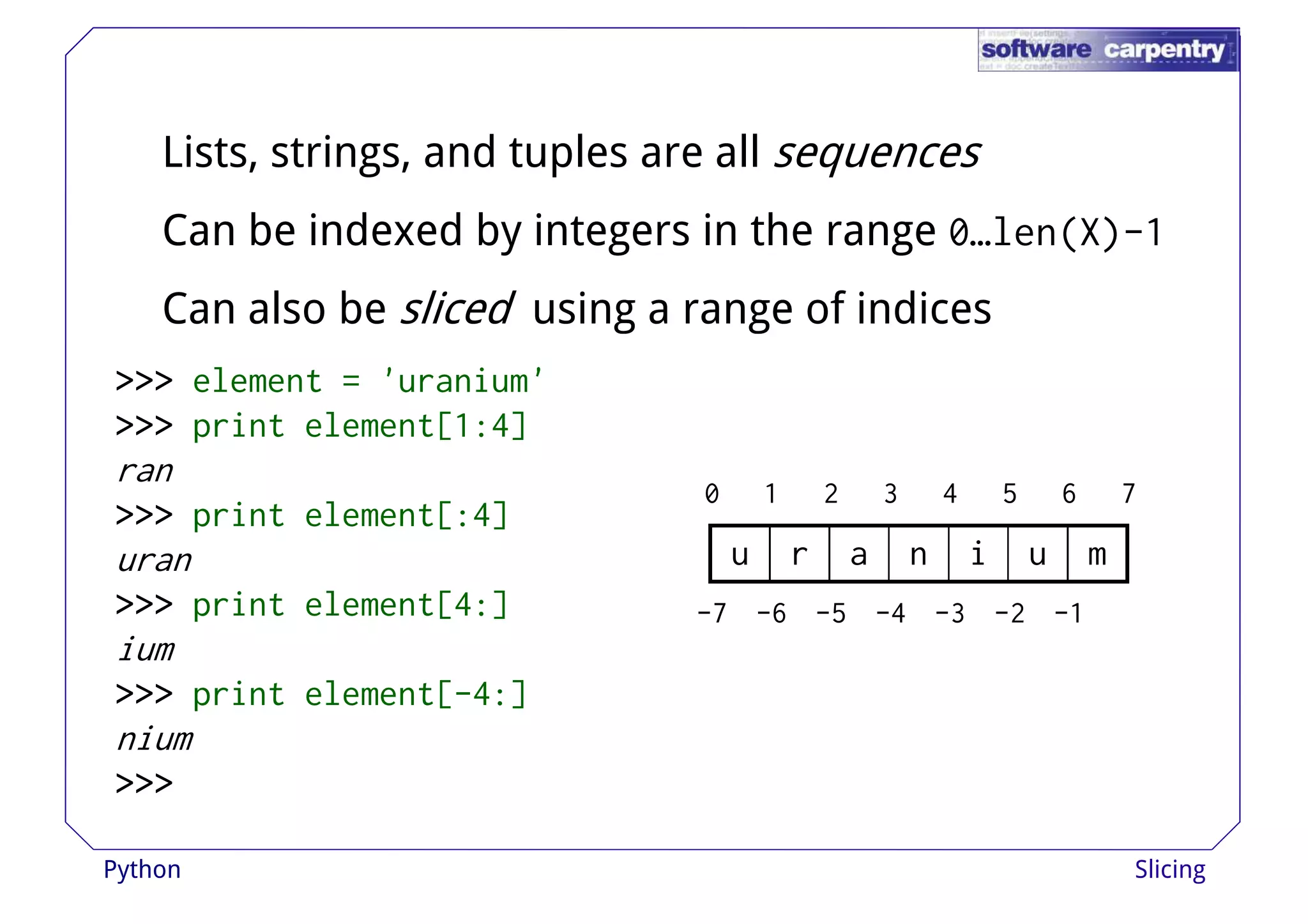 Lists, strings, and tuples are all sequences 
Can be indexed by integers in the range 0…len(X)-1 
Can also be sliced using aa rraannggee ooff iinnddiicceess 
>>>>>>>>>>>> element = 'uranium' 
>>>>>>>>>>>> print element[1:4] 
ran 
>>>>>>>>>>>> print element[:4] 
uran 
>>>>>>>>>>>> print element[4:] 
0 1 2 3 4 5 6 7 
u r a n i u m 
-7 -6 -5 -4 -3 -2 -1 
ium 
>>>>>>>>>>>> print element[-4:] 
nium 
>>>>>>>>>>>> 
Python Slicing 
 