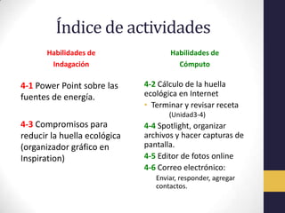 Índice de actividades
       Habilidades de                Habilidades de
        Indagación                     Cómputo

4-1 Power Point sobre las     4-2 Cálculo de la huella
fuentes de energía.           ecológica en Internet
                              • Terminar y revisar receta
                                     (Unidad3-4)
4-3 Compromisos para          4-4 Spotlight, organizar
reducir la huella ecológica   archivos y hacer capturas de
(organizador gráfico en       pantalla.
Inspiration)                  4-5 Editor de fotos online
                              4-6 Correo electrónico:
                                 Enviar, responder, agregar
                                 contactos.
 