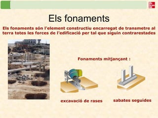 Els fonaments 
Els fonaments són l’element constructiu encarregat de transmetre al terra totes les forces de l’edificació per tal que siguin contrarestades 
sabates seguides 
excavació de rases 
Fonaments mitjançant :  