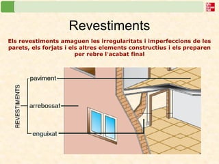 Revestiments 
Els revestiments amaguen les irregularitats i imperfeccions de les parets, els forjats i els altres elements constructius i els preparen per rebre l’acabat final 