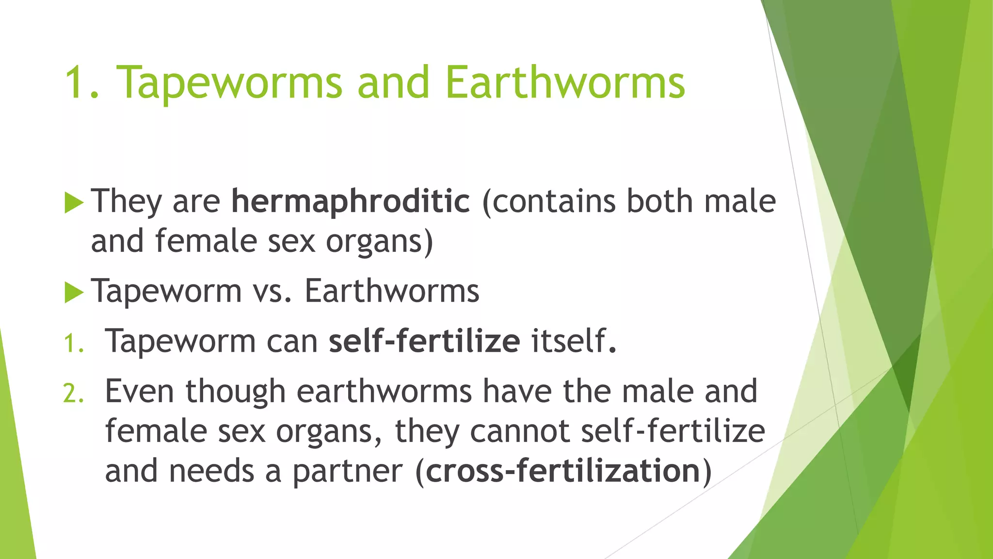 1. Tapeworms and Earthworms
 They are hermaphroditic (contains both male
and female sex organs)
 Tapeworm vs. Earthworms
1. Tapeworm can self-fertilize itself.
2. Even though earthworms have the male and
female sex organs, they cannot self-fertilize
and needs a partner (cross-fertilization)
 