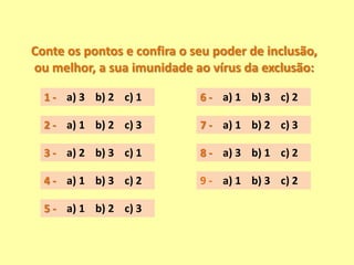 Conte os pontos e confira o seu poder de inclusão,
ou melhor, a sua imunidade ao vírus da exclusão:
7 - a) 1 b) 2 c) 32 - a) 1 b) 2 c) 3
1 - a) 3 b) 2 c) 1
3 - a) 2 b) 3 c) 1
4 - a) 1 b) 3 c) 2
5 - a) 1 b) 2 c) 3
6 - a) 1 b) 3 c) 2
8 - a) 3 b) 1 c) 2
9 - a) 1 b) 3 c) 2
 