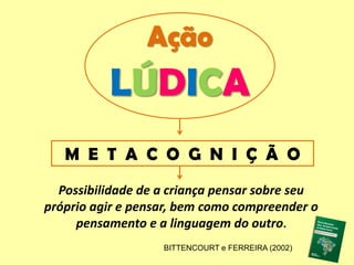 M E T A C O G N I Ç Ã O
Ação
LÚDICA
Possibilidade de a criança pensar sobre seu
próprio agir e pensar, bem como compreender o
pensamento e a linguagem do outro.
BITTENCOURT e FERREIRA (2002)
 
