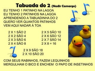 Tabuada do 2 (Nadir Camargo)
EU TENHO 1 PATINHO NA LAGOA
EU TENHO 2 PATINHOS NA LAGOA
APRENDENDO A TABUADINHA DO 2
QUERO VER QUANTOS PATINHOS
VEM AQUI NADAR À TOA
2 X 1 SÃO 2 2 X 5 SÃO 10
2 X 2 SÃO 4 2 X 6 SÃO 12
2 X 3 SÃO 6 2 X 7 SÃO 14
2 X 4 SÃO 8 2 X 8 = 16
2 X 9 SÃO 18
2 X 10 SÃO 20
COM SEUS RABINHOS, FAZEM LEQUINHOS
MERGULHAM O BICO E ENCHEM O PAPO DE INSETINHOS
 