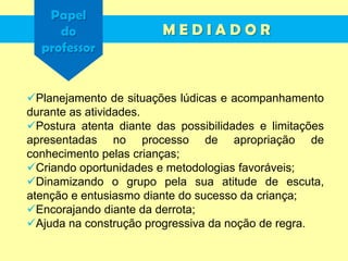 Papel
do
professor
Planejamento de situações lúdicas e acompanhamento
durante as atividades.
Postura atenta diante das possibilidades e limitações
apresentadas no processo de apropriação de
conhecimento pelas crianças;
Criando oportunidades e metodologias favoráveis;
Dinamizando o grupo pela sua atitude de escuta,
atenção e entusiasmo diante do sucesso da criança;
Encorajando diante da derrota;
Ajuda na construção progressiva da noção de regra.
M E D I A D O R
 