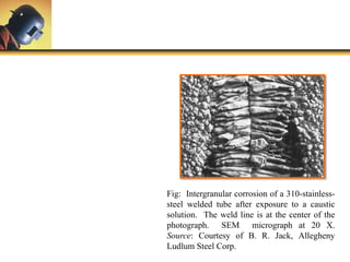 Fig: Intergranular corrosion of a 310-stainless-
steel welded tube after exposure to a caustic
solution. The weld line is at the center of the
photograph. SEM micrograph at 20 X.
Source: Courtesy of B. R. Jack, Allegheny
Ludlum Steel Corp.
 