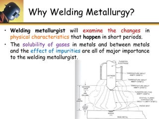 Why Welding Metallurgy?
• Welding metallurgist will examine the changes in
physical characteristics that happen in short periods.
• The solubility of gases in metals and between metals
and the effect of impurities are all of major importance
to the welding metallurgist.
1 - 4
 