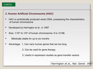3. Human Artificial Chromosome (HAC)
 HAC is synthetically produced vector DNA, possessing the characteristics
of human chromosome
 Developed by Harrington et al., in 1997
 Size- 1/10th
to 1/5th
of human chromosome- 6 to 10 Mb
 Mitotically stable for up to six months
 Advantage: 1. Can carry human genes that are too long
2. Can be used for gene therapy
3. Useful in expression studies as gene transfer vectors
CONTD…CONTD…
Harrington et al., Nat. Genet. 1997
 
