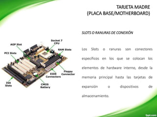 SLOTS O RANURAS DE CONEXIÓN
Los Slots o ranuras son conectores
específicos en los que se colocan los
elementos de hardware interno, desde la
memoria principal hasta las tarjetas de
expansión o dispositivos de
almacenamiento.
TARJETA MADRE
(PLACA BASE/MOTHERBOARD)
 