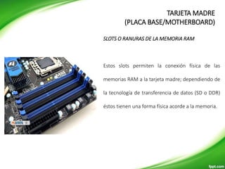 SLOTS O RANURAS DE LA MEMORIA RAM
Estos slots permiten la conexión física de las
memorias RAM a la tarjeta madre; dependiendo de
la tecnología de transferencia de datos (SD o DDR)
éstos tienen una forma física acorde a la memoria.
TARJETA MADRE
(PLACA BASE/MOTHERBOARD)
 