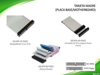 IDE/ATA 34 PINES
(Disqueteras 5 ¼ y 3 ½)
IDE/ATA 40 PINES
(Unidades de CD y antiguos Discos
Duros)
IDE/ATA 80 PINES
(Discos Duros)
TARJETA MADRE
(PLACA BASE/MOTHERBOARD)
 