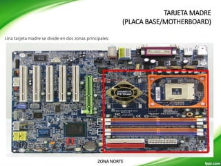 Una tarjeta madre se divide en dos zonas principales:
ZONA NORTE
TARJETA MADRE
(PLACA BASE/MOTHERBOARD)
 