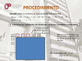 Ejemplo: Hallar el cociente y el resto de dividir D(x) entre d(x)
D(x)

4

9x

d(x)

3x

2

2x
x

2

6x - 8

9x

4

0x

3

2x

2

6x - 8

2

1° Colocamos los coeficientes del dividendo y el divisor (completos y ordenados)
2 lugares porque el
grado del divisor es 2
3

9

2

-3

-1

0

6

2

1

6

-8

Nota: La cantidad de lugares que
tiene el residuo es igual al grado
del divisor contar de derecha a
izquierda.

-2
-3

6

3

-1

3

1

-2

x2

x

T.I

x

T.I

Por tanto: q(x) = 3x2 – x + 3
r(x) = x - 2

 