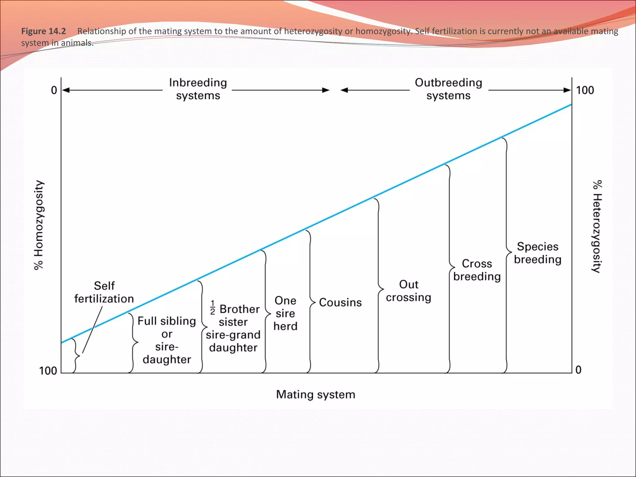 Figure 14.2 Relationship of the mating system to the amount of heterozygosity or homozygosity. Self fertilization is currently not an available mating
system in animals.
 